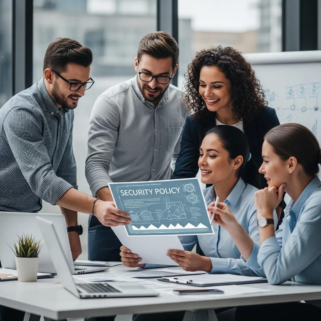 Team collaborating on an information security policy in a modern office