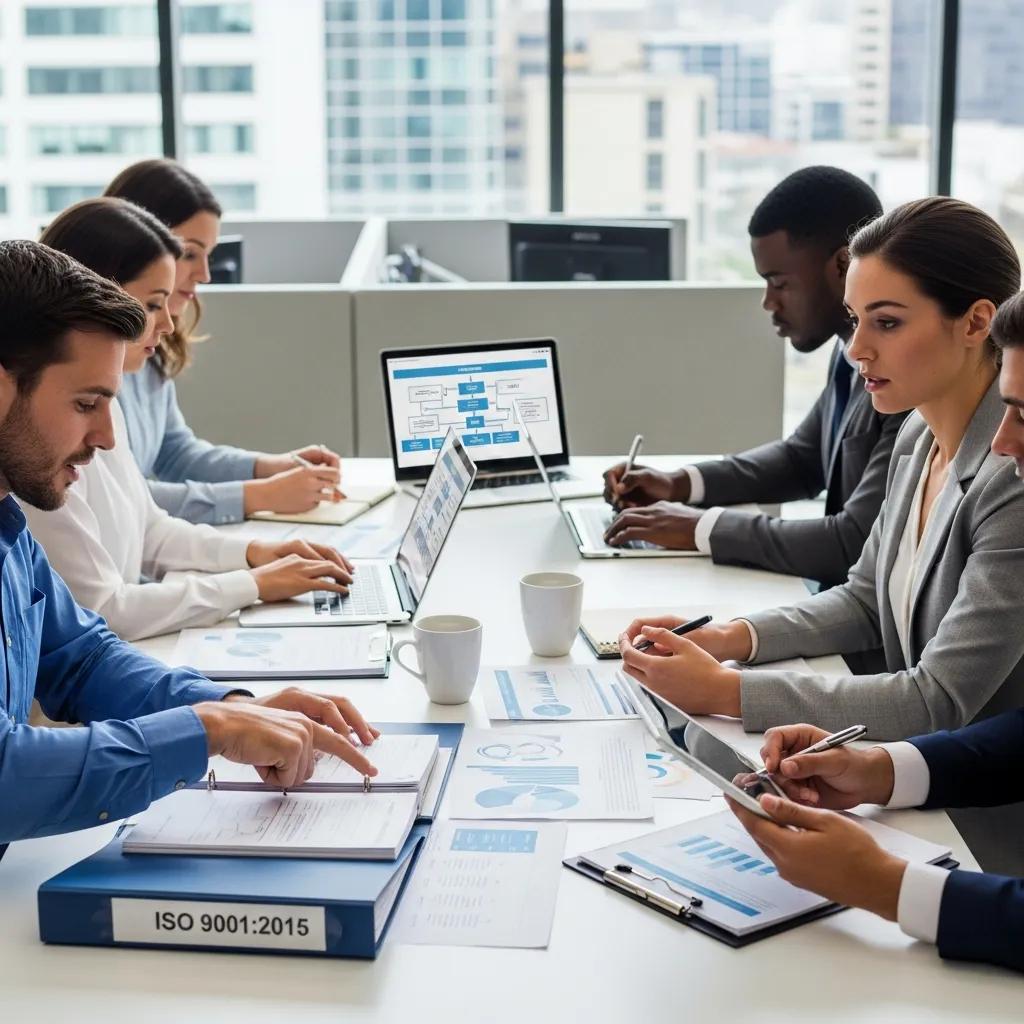 Team collaborating on ISO 9001 documentation in a modern office setting
