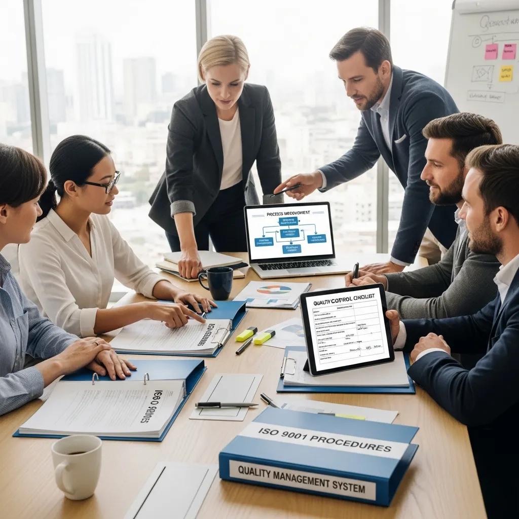 Team collaborating on ISO 9001 procedures in a modern office