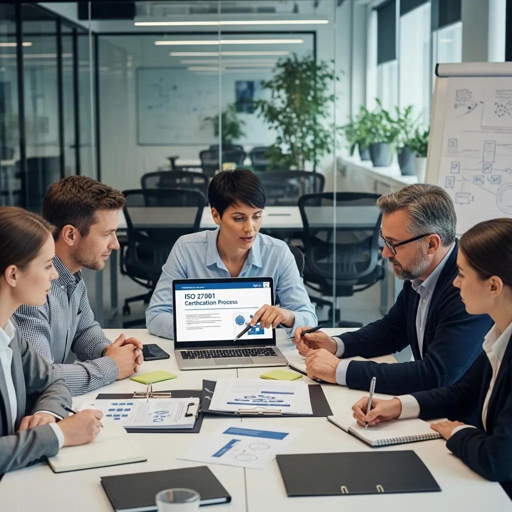 Team collaboration in a modern office discussing ISO 27001 certification