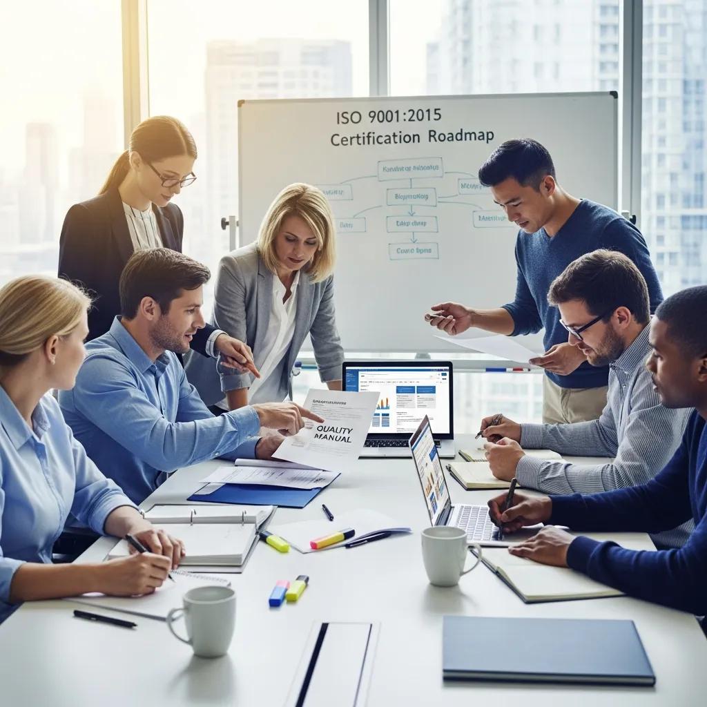 Team collaboration on ISO 9001 certification documents in a modern office