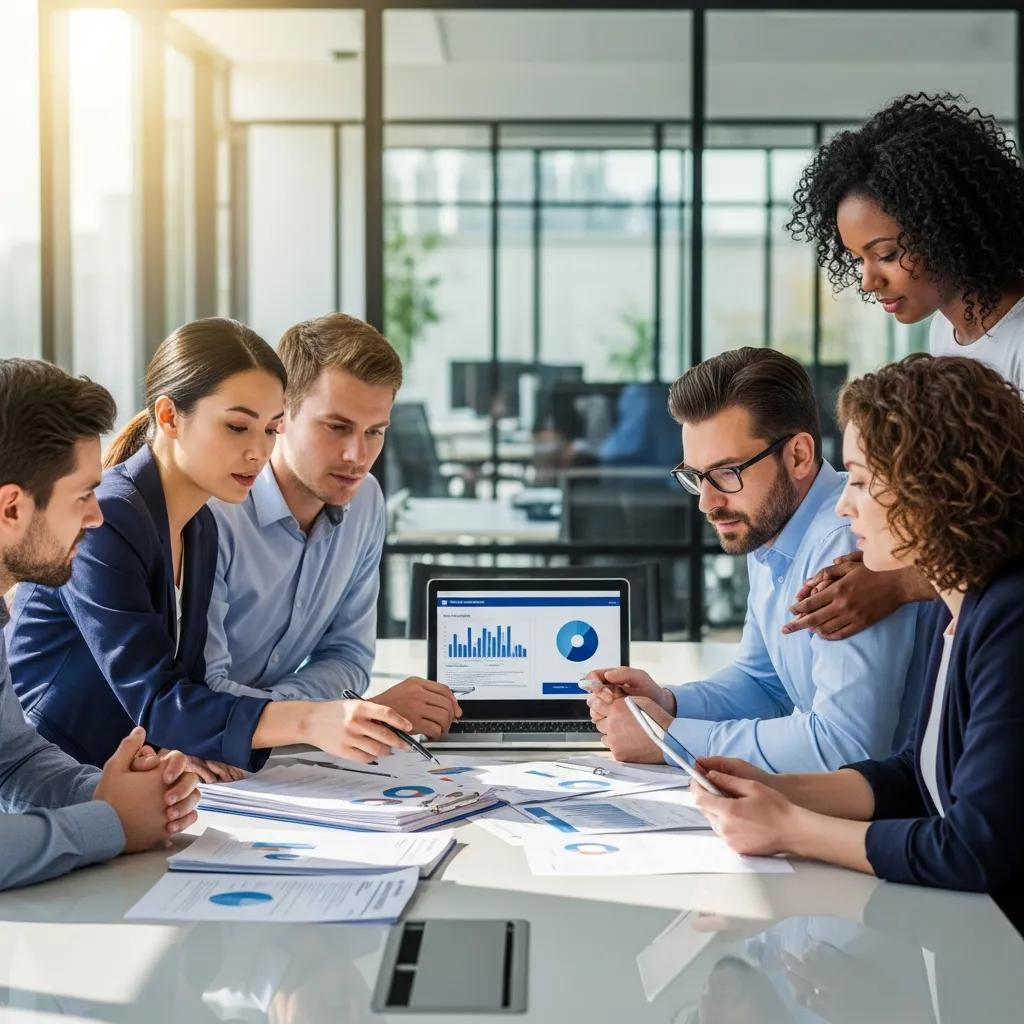 Team discussing ISO certification documents in a modern office setting