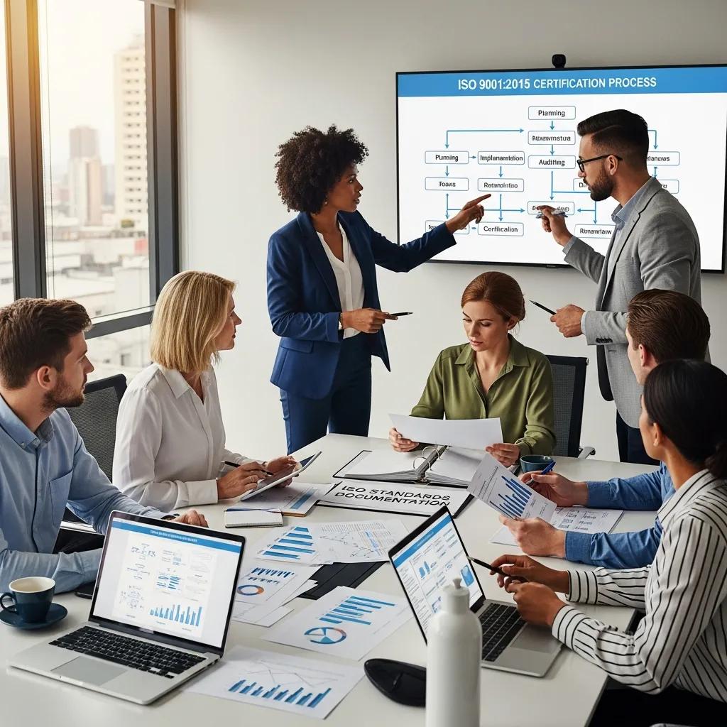 Team discussing ISO certification processes in a modern office