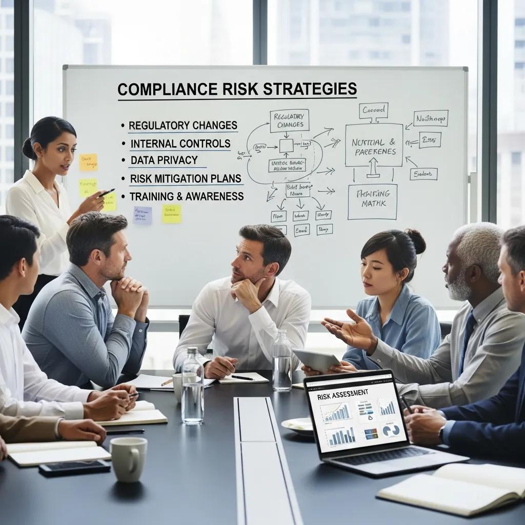Team meeting discussing compliance risk strategies with a whiteboard