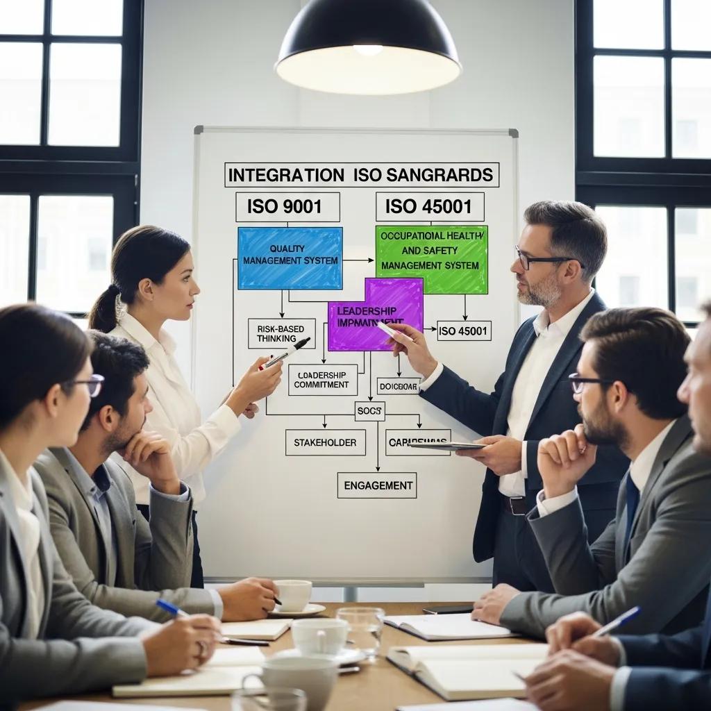 Team members discussing the integration of ISO 9001 and ISO 45001 standards in a meeting room