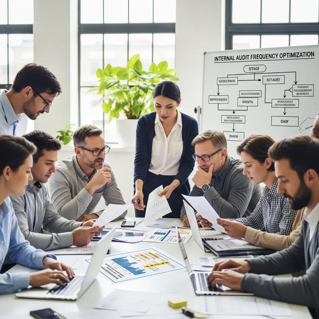 Team of auditors collaborating on internal audit strategies in a modern office setting