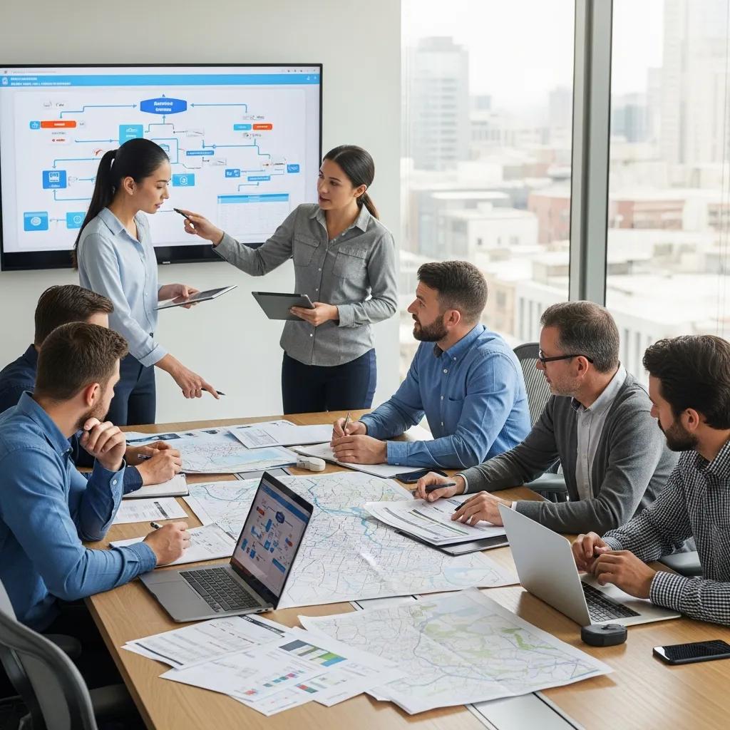 Team of professionals collaborating on emergency management planning in a modern office setting