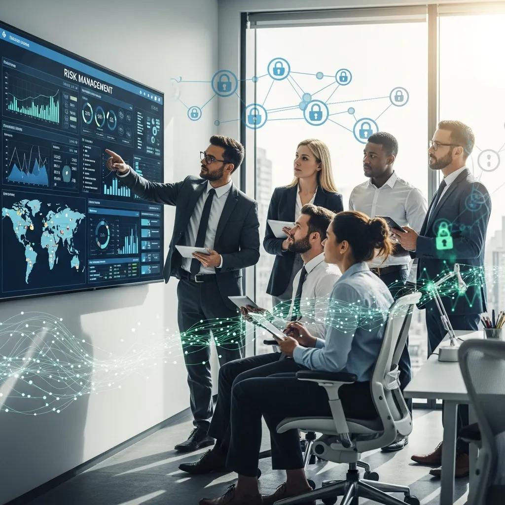 Team of professionals collaborating on information security risk management in a modern office