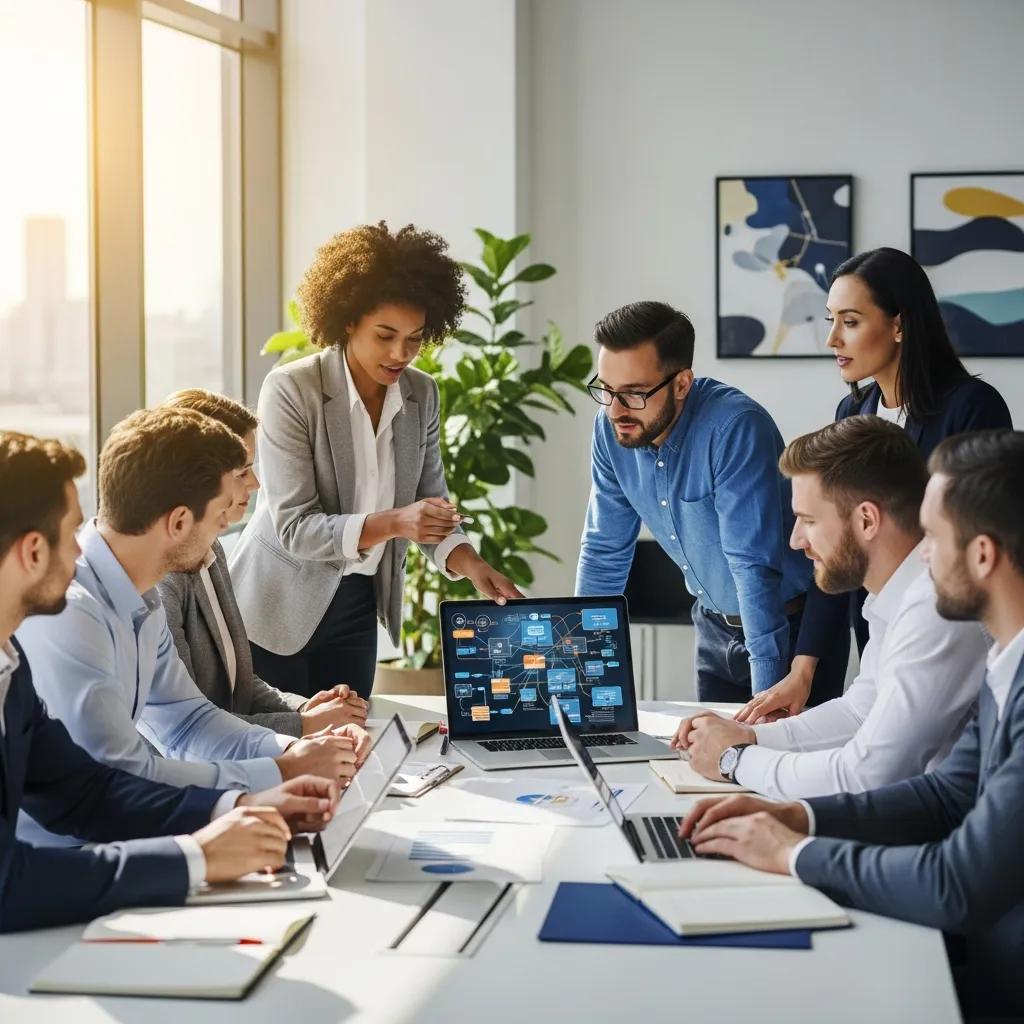 Team of professionals collaborating on ISO 27001 implementation in a modern office
