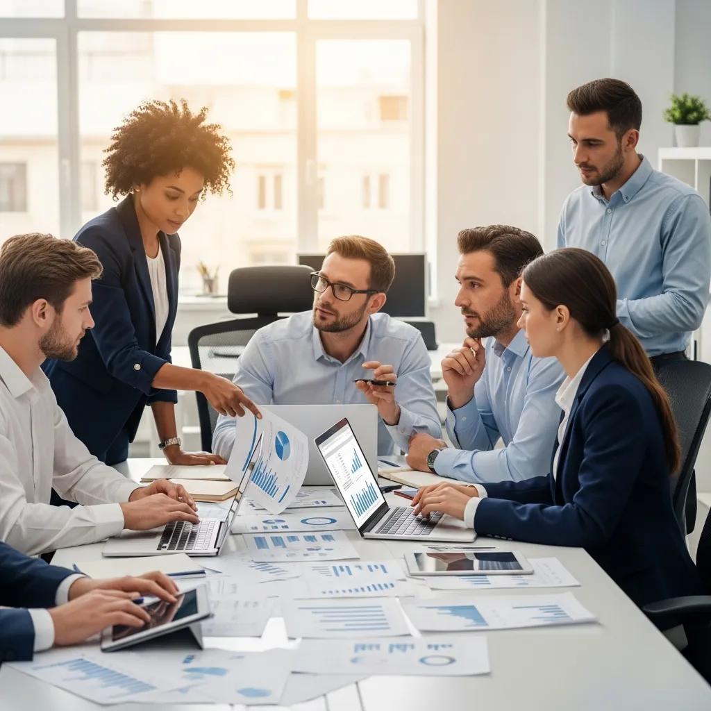 Team of professionals discussing ISO 9001 certification in a modern office