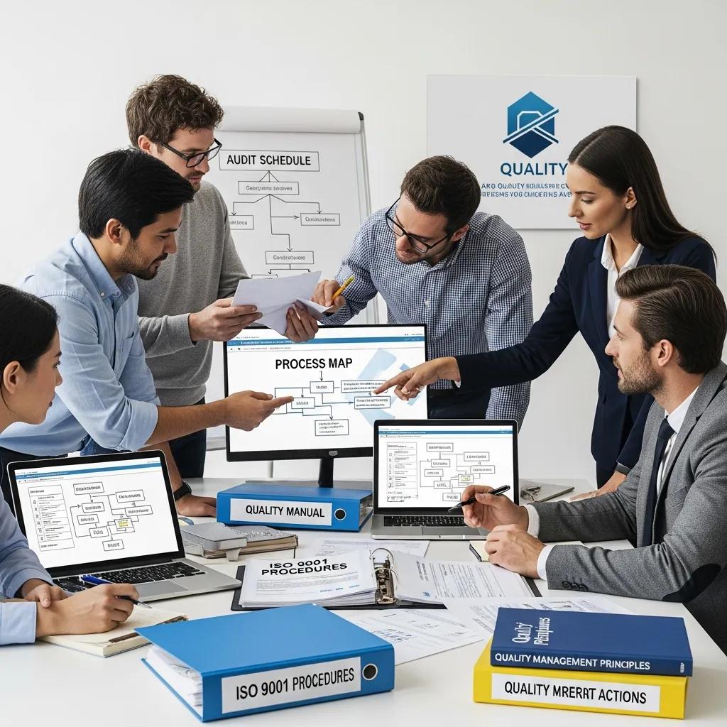Team of quality management professionals preparing for ISO 9001 audit in a modern office