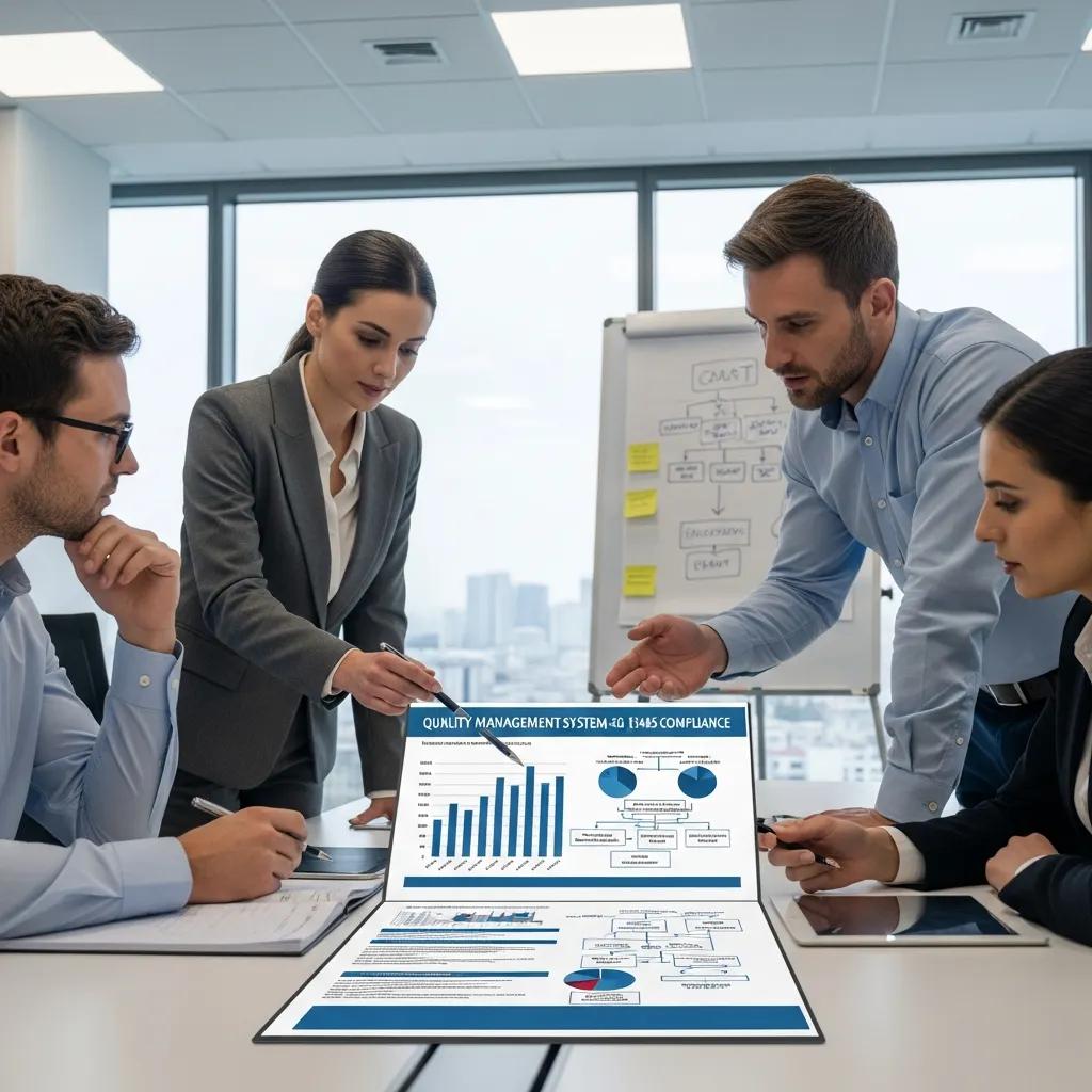 Team reviewing quality management system document for ISO 13485 compliance