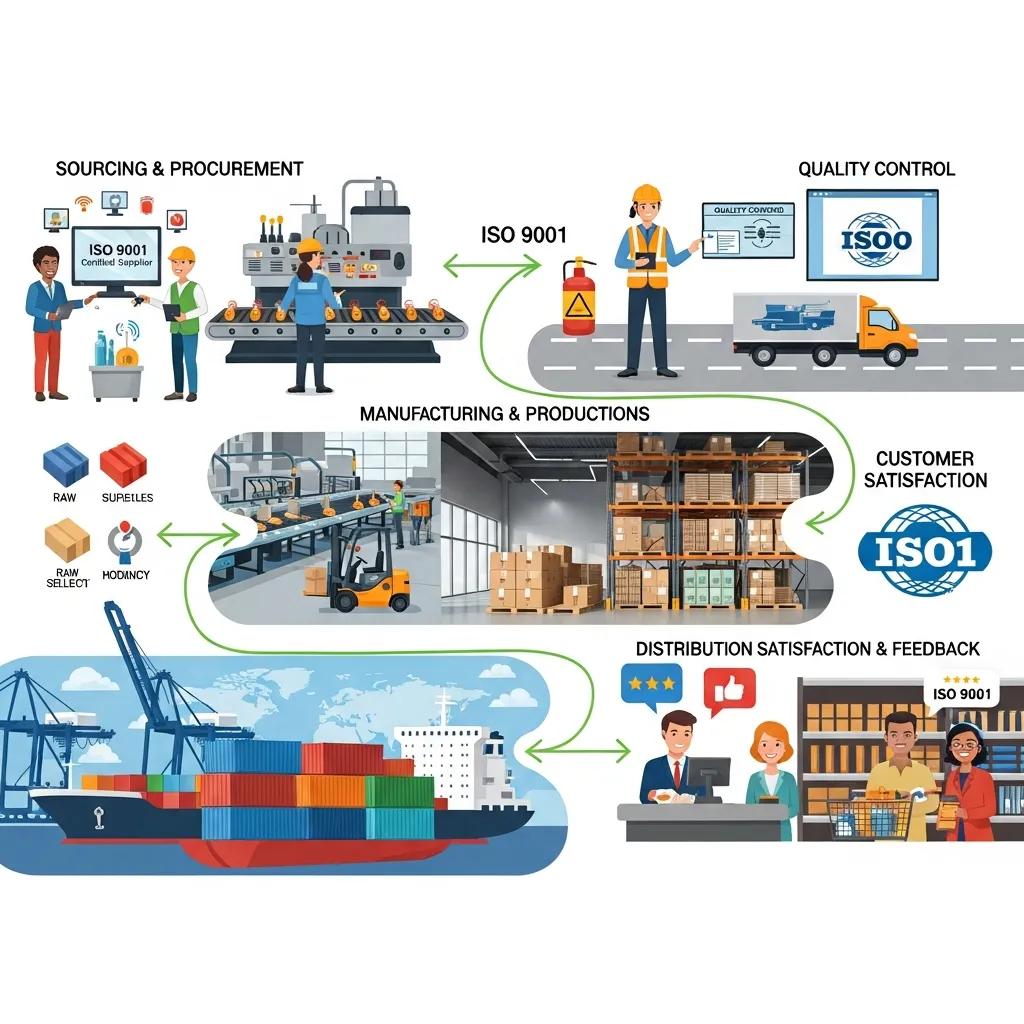 Visual representation of ISO 9001 benefits in supply chain and customer satisfaction