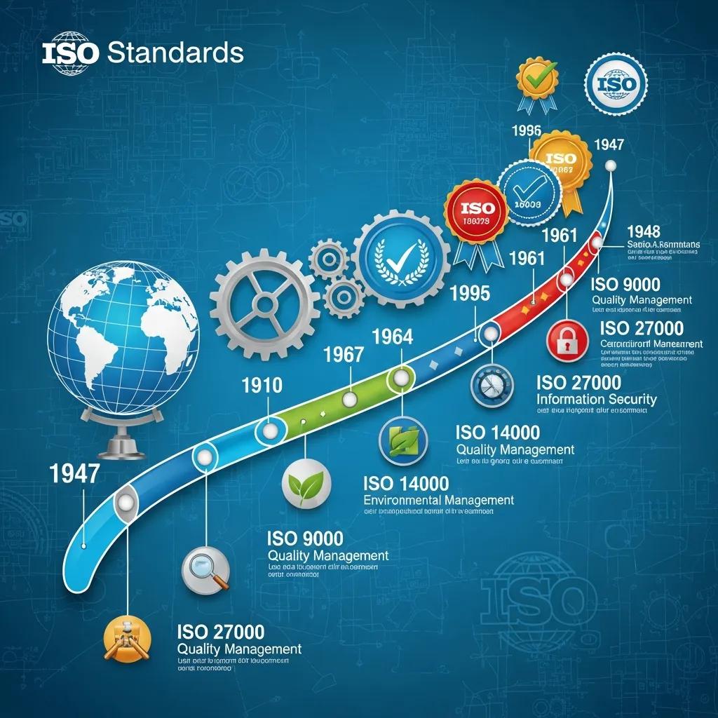 Visual representation of ISO standards history with symbols of quality and safety