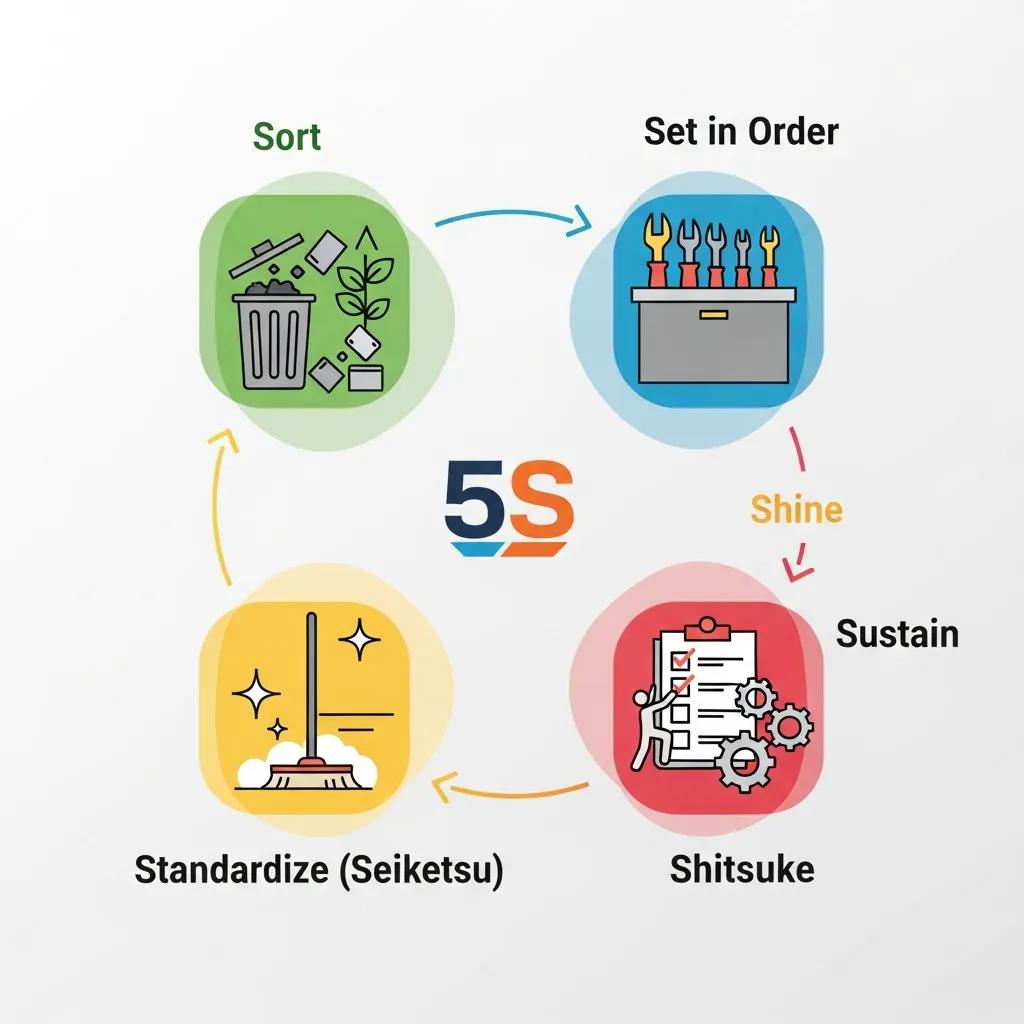 Visual representation of the five core principles of the 5S Method for workplace organization