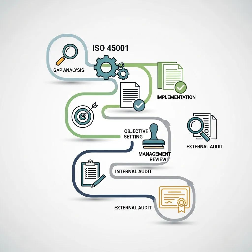 Visual representation of the ISO 45001 certification process steps and flow