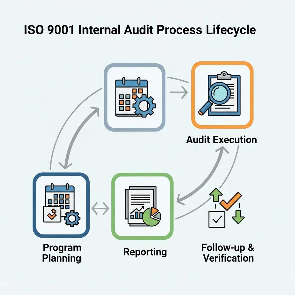 Visual representation of the ISO 9001 internal audit process lifecycle, outlining program planning, audit execution, reporting, and follow-up