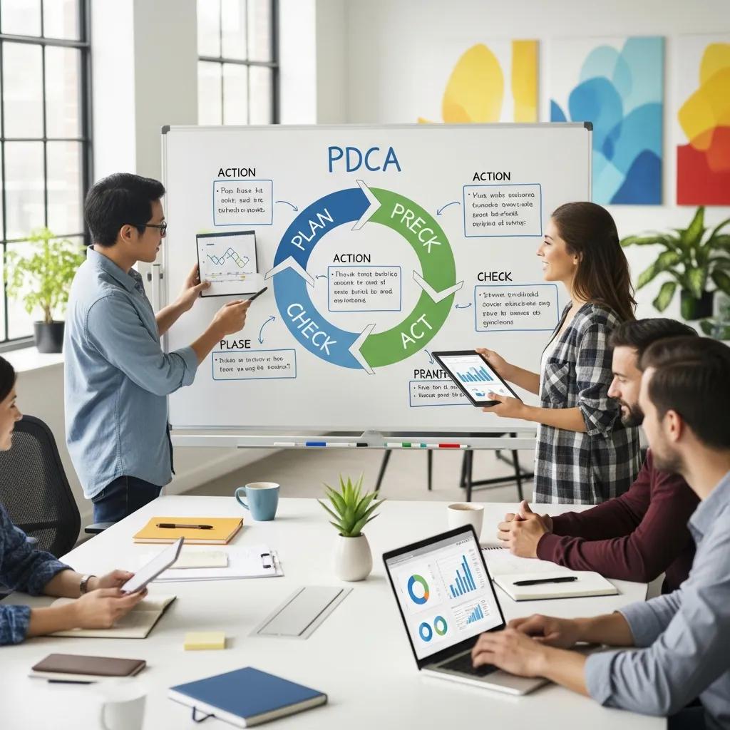 Visual representation of the PDCA cycle in a collaborative office setting, emphasizing continuous improvement and teamwork