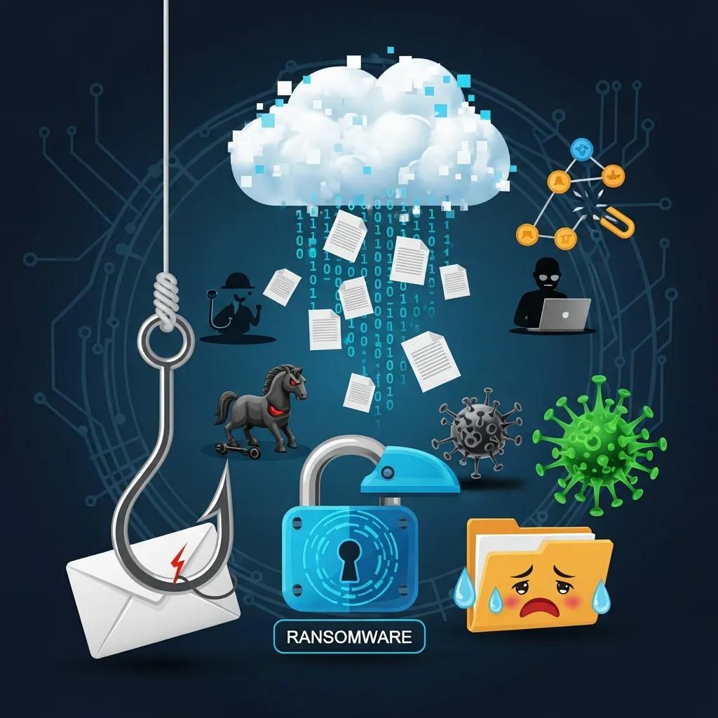 Visual representation of various cyber threats mitigated by ISO 27001 certification
